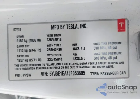 2018 Tesla Model 3 Long Range/Mid Range из США, поврежденный, VIN 5YJ3E1EA1JF053895